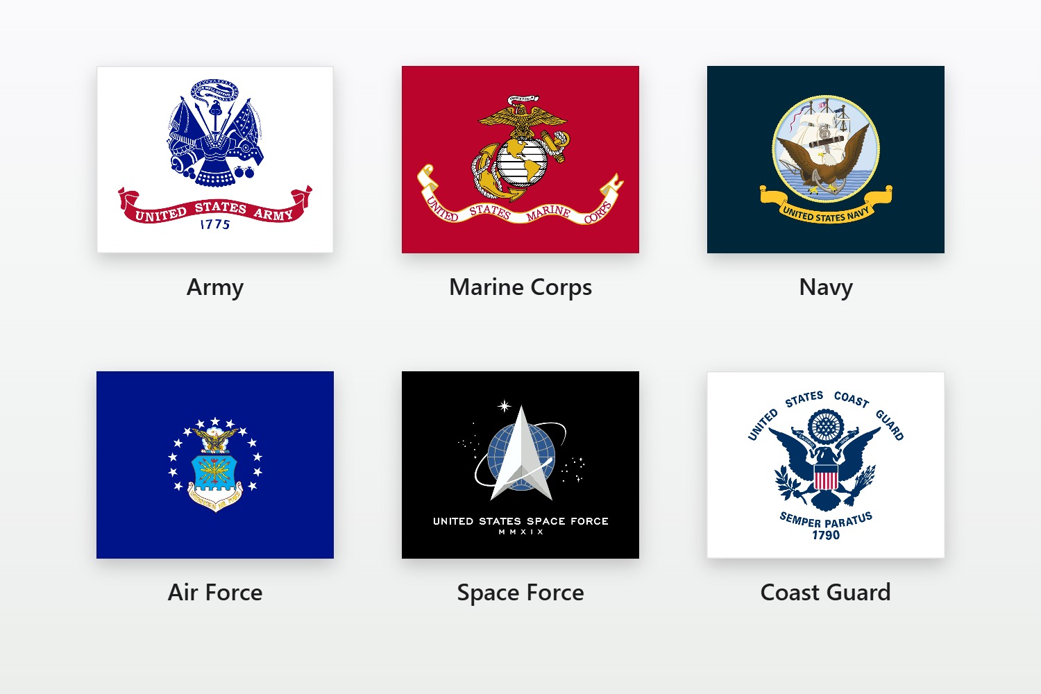 The six official U.S. military branch flags, labeled: Army, Marine Corps, Navy, Air Force, Space Force and Coast Guard